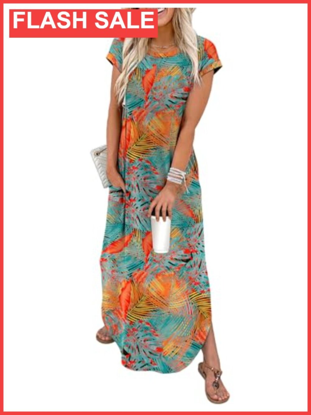 Summer Maxi Dress Cap Sleeve Crewneck Casual Beach Vacation Sundress